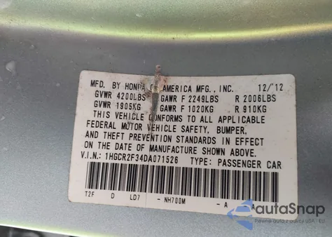 2013 Honda Accord Lx from USA, damaged, VIN 1HGCR2F34DA071526